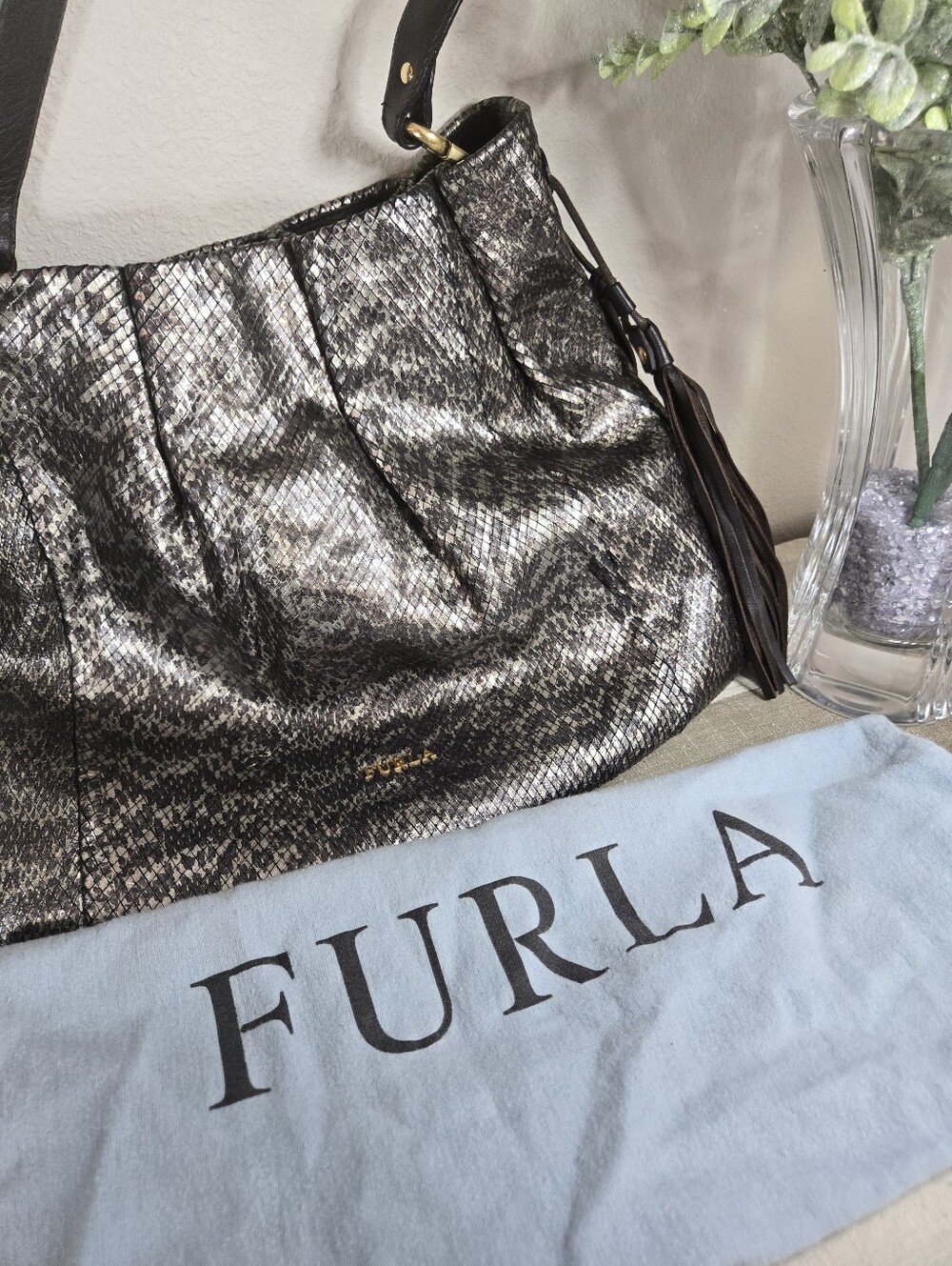 Vintage Furla Metallic Python Embossed Leather Large Hobo Shoulder Bag - Picture 12 of 13